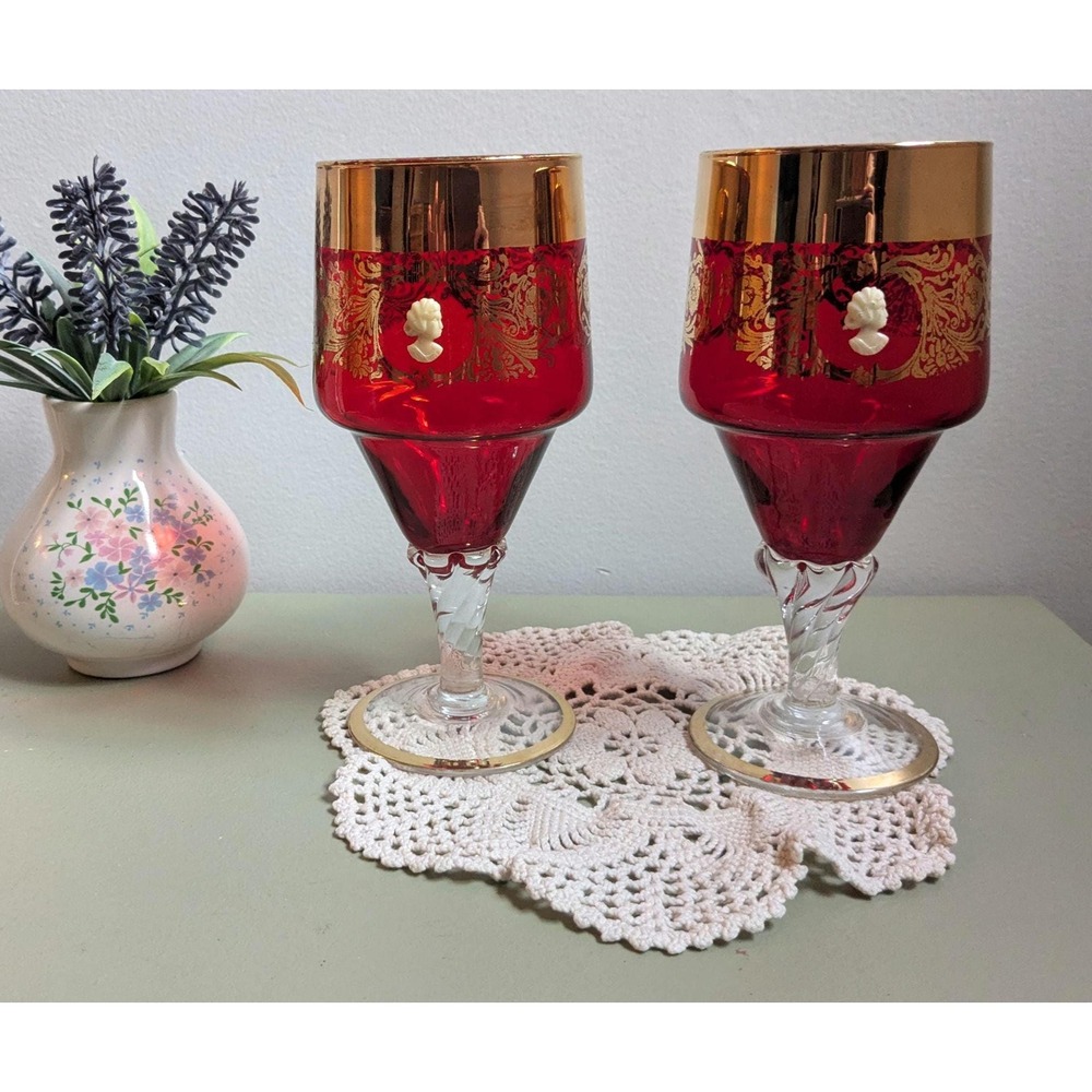 Vintage Ruby Red Cameo Wine Goblets Pair Gold Trim Twisted Stem